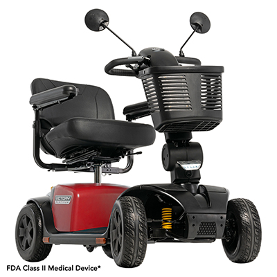 Three-quarters view of red-shrouded Victory Platinum scooter.