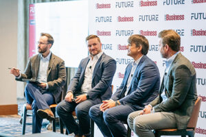 Four panelists are seated in a line at HME Business FUTURE 2024.