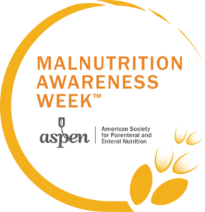 Stylized wheat stalk in the shape of a curve surrounds ASPEN logo and Malnutrition Awareness Week lettering.