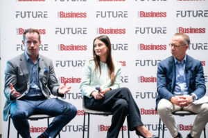 Philip Parks (left), Yelena Brusilovsky, and Todd Squalanti speak during an HME Business FUTURE panel.